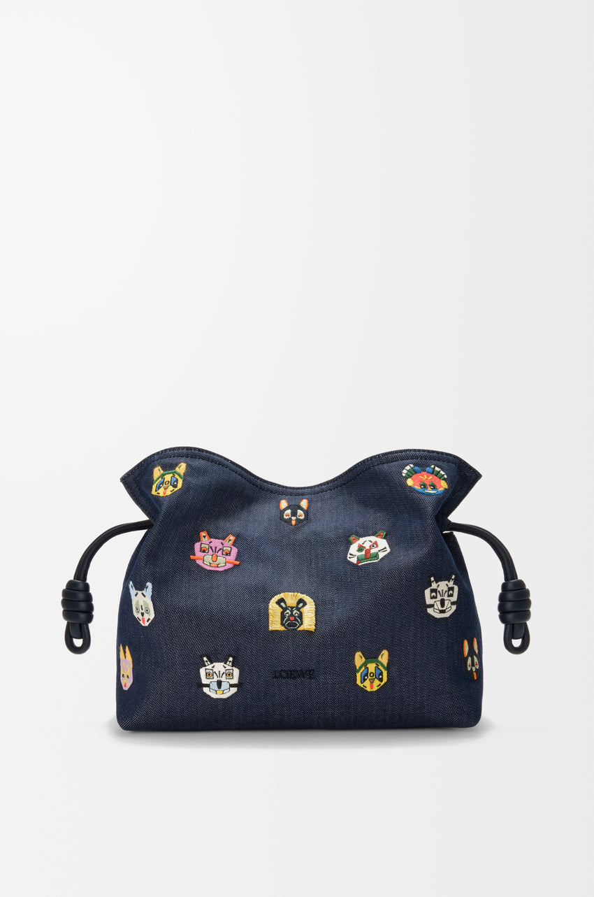 Cats medium Flamenco clutch in embroidered denim