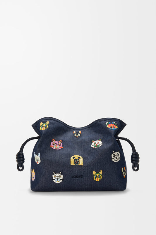 Cats medium Flamenco clutch in embroidered denim