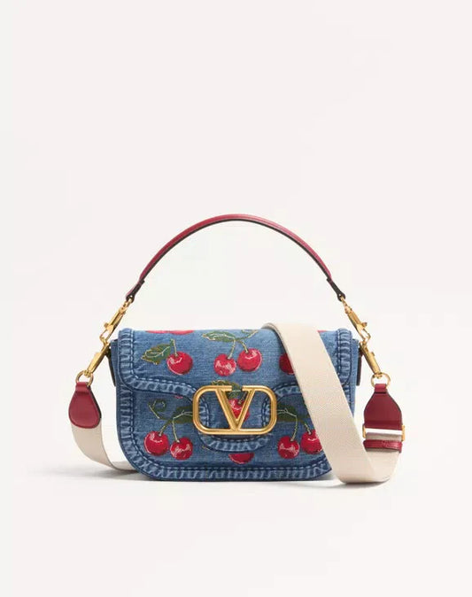Valentino Garavani Alltime Denim Shoulder Bag With Cherryfic Embroidery
