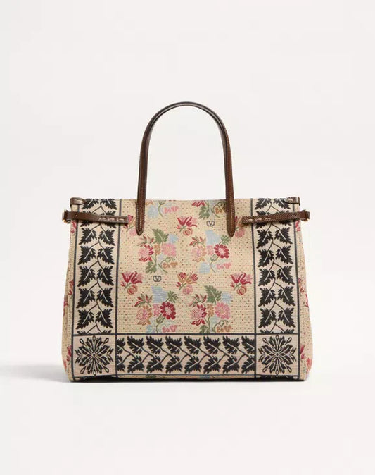 Valentino Garavani Antibes Medium Shopping Bag In Jacquard And Karung Fabric